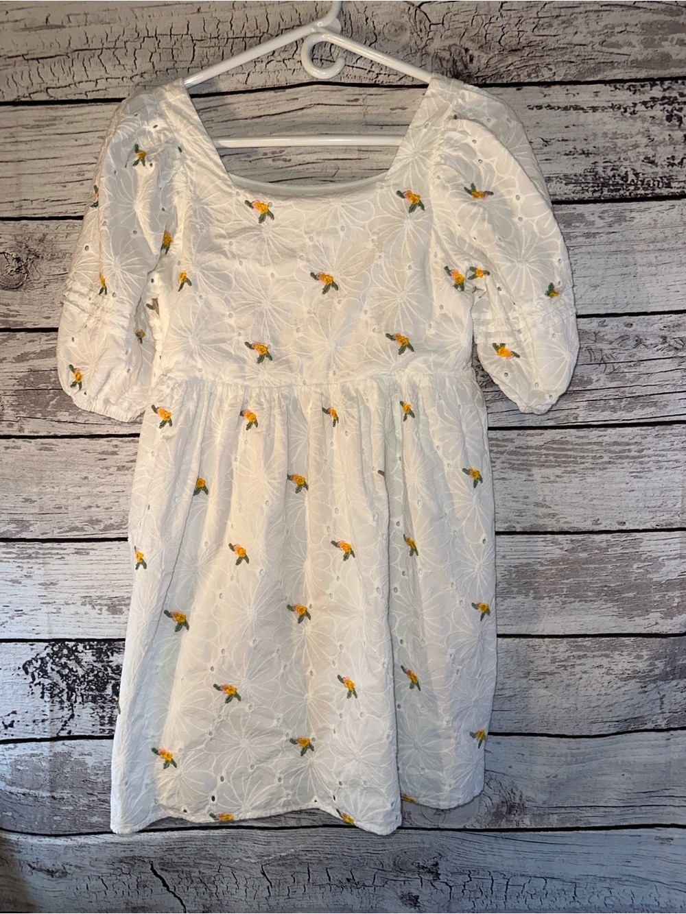 Altar’d State White Embroidered Floral Eyelet Mini Dress Puff Sleeve Size Small